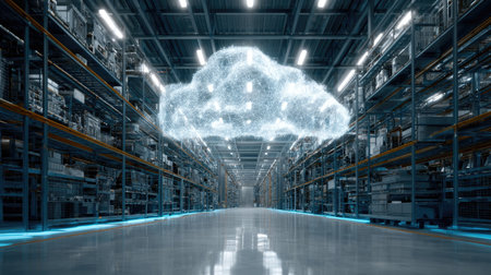 A modern warehouse scene featuring a digital cloud visualization, representing advanced cloud computing and data management in logistics and storage solutions.の素材