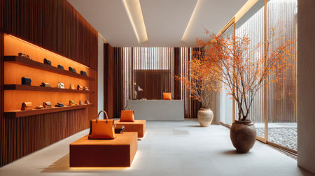 This image captures the essence of a modern retail environment featuring stylish handbags elegantly displayed. Autumn decor adds warmth and charm, enhancing the inviting ambiance.の素材