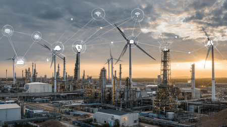 This captivating image depicts a modern industrial scene featuring wind turbines integrated with technological advancements, emphasizing sustainability and innovation in energy production.の素材