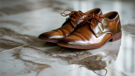 A pair of elegant brown leather dress shoes is showcased on a polished marble floor, reflecting their stylish and sophisticated design. Perfect for showcasing luxury footwear in a modern setting.の素材