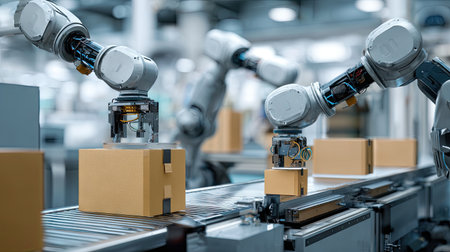 Robotic arms efficiently manage packages on a conveyor belt in a modern factory, showcasing advanced technology and automation in industrial settings.の素材