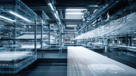 A modern warehouse showcasing advanced technology and automation systems designed for efficient logistics and processing in an industrial environment.の素材