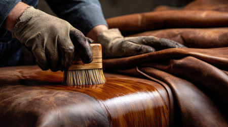 A skilled artisan applies conditioner to a rich brown leather surface, demonstrating meticulous care and attention to detail in leather maintenance and restoration.の素材