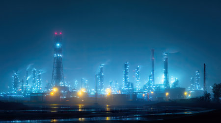 This nighttime industrial scene features refineries illuminated by bright lights, surrounded by fog and smoke. The atmosphere showcases modern energy production with glowing towers and reflective water.の素材