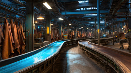 Explore an intriguing industrial leather processing facility showcasing raw hides, advanced machinery, and an organized workspace filled with history.の素材