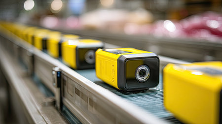 A series of yellow industrial cameras moving on an automated production line, designed for quality inspection in a high-tech factory environment.の素材