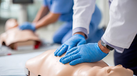A medical professional delivers effective CPR training on a mannequin in a healthcare simulation environment, highlighting essential life-saving techniques.の素材