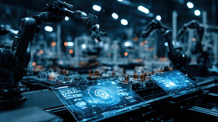 A high-tech image showcasing robotic arms in an industrial setting, emphasizing automation and smart technology in manufacturing processes.の素材