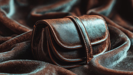 This exquisite leather clutch purse is elegantly positioned on a soft, luxurious fabric backdrop, showcasing its craftsmanship and stylish design. Perfect for fashion shoots.の素材