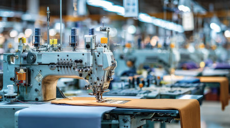 An industrial sewing machine is prominently featured in a vibrant factory setting, showcasing the intricate environment of garment manufacturing and production.の素材