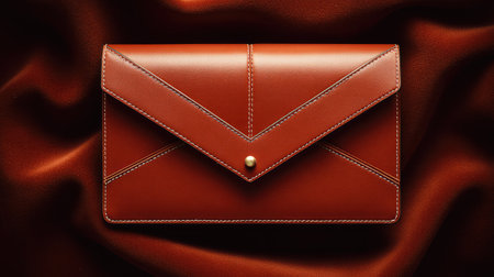 This image features an elegant brown leather envelope wallet resting on a soft fabric background, highlighting its intricate stitching and stylish button closure. Perfect for showcasing luxury accessories.の素材