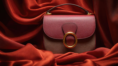 A stunning vintage handbag showcased on rich red silk fabric, emphasizing its elegant design and luxurious texture, ideal for fashion enthusiasts.の素材