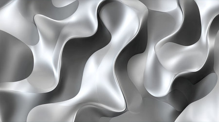 This abstract image features smooth, flowing silver curves and waves that create a dynamic and shiny metallic background suitable for modern designs.の素材