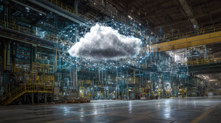 This image depicts a modern industrial factory with digital cloud overlays, symbolizing cloud computing and connectivity in manufacturing environments.の素材