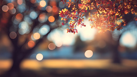 A stunning depiction of vibrant autumn leaves set against a blurred bokeh background, capturing the essence of the season in a tranquil park atmosphere.の素材