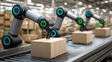 This image captures advanced robotic arms in a modern warehouse efficiently assembling packages on a production line, showcasing cutting-edge automation technology.の素材
