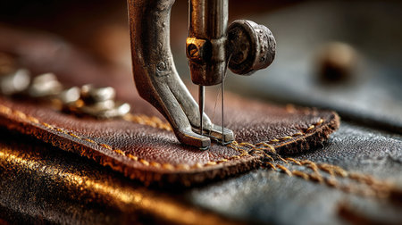 A captivating close-up shot of an antique sewing machine needle stitching leather fabric, showcasing intricate details and the beauty of craftsmanship in textile art.の素材