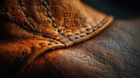 This close-up image showcases the intricate details of soft vintage brown leather, highlighting its beautiful texture and elegant stitching patterns. Perfect for design or fashion projects.の素材