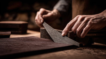 A skilled artisan meticulously works with leather in a well-equipped workshop. The image captures the intricate details of craftsmanship, highlighting tools and materials involved in the creative process.の素材