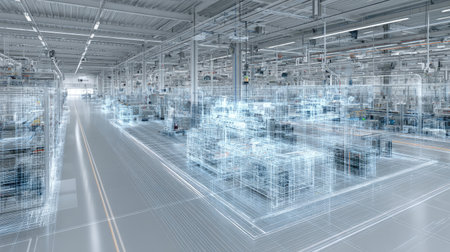 This image captures a futuristic factory interior, showcasing digital architectural elements and transparent structures that illustrate advanced manufacturing technology.の素材