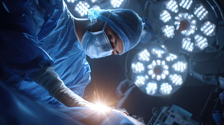 A dedicated surgeon focuses on performing a complex surgical procedure, surrounded by advanced lighting and sterile instruments, showcasing professionalism and care.の素材