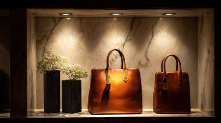This image features two elegant leather handbags displayed under soft lighting in a sophisticated showcase, adding a touch of luxury and style to any space.の素材