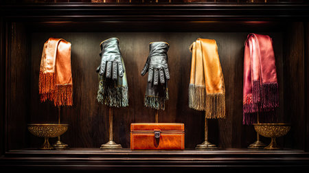 A sophisticated display featuring leather gloves and silk scarves in a beautifully lit showcase. The mix of textures and rich colors adds elegance to any retail space.の素材