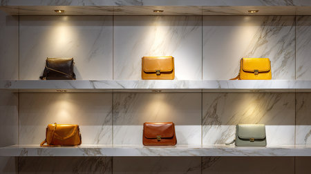A stylish arrangement of elegant handbags displayed on shelves with a sleek marble background, illuminated by soft lighting to enhance the luxurious appeal.の素材