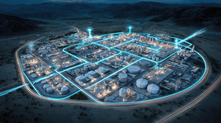 A stunning aerial view of a futuristic industrial complex illuminated at night, featuring glowing pathways and advanced technology elements in a remote landscape.の素材