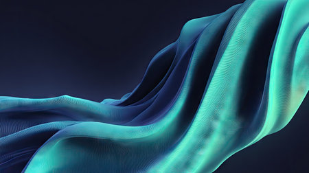 This captivating abstract image features flowing waves of blue and turquoise fabric, creating a serene and elegant atmosphere. The dark background enhances the beauty and texture of the design, making it perfect for artistic explorations and modern decor.の素材