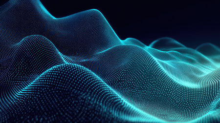 This mesmerizing abstract image features flowing waves composed of bright neon dots against a dark background, evoking a futuristic digital landscape.の素材