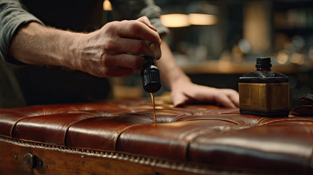 The image captures the meticulous application of oil to a vintage leather surface, showcasing the detail and care involved in furniture restoration in a workshop setting.の素材