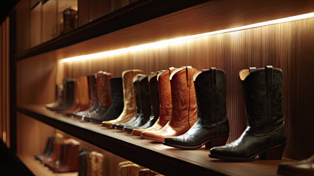 A visually striking display of various stylish western boots showcased on sleek shelves under warm lighting, highlighting craftsmanship and fashion choices.の素材