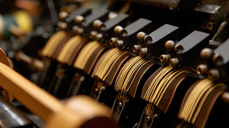 This close-up image captures the intricate mechanism of a vintage typewriter, revealing its keys and detailed craftsmanship, perfect for artistic and creative applications.の素材