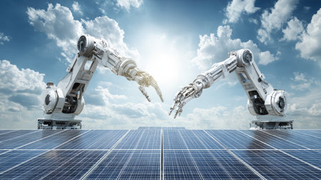 Two advanced robotic arms stretch out toward each other above a field of solar panels, symbolizing innovation and the future of technology in a sustainable landscape.の素材