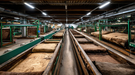 This image captures the interior of an industrial leather processing factory showcasing raw hides organized on the production floor, highlighting the manufacturing process.の素材