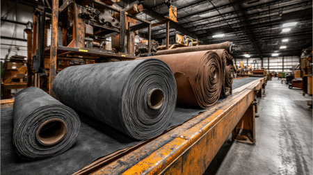 An industrial textile workshop showcasing rolls of fabric materials, including leather and canvas, arranged on a workbench with machinery in the background.の素材