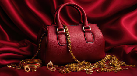 This striking image features a stylish red handbag surrounded by glimmering gold jewelry, set against lush satin fabric, perfect for luxury marketing.の素材