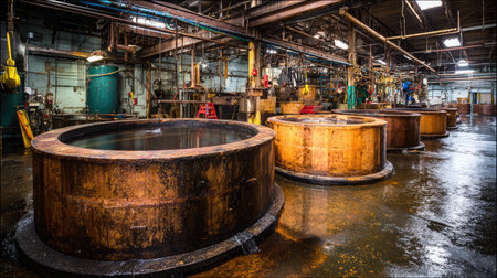 This image captures the interior of an industrial manufacturing facility featuring large water tanks and an extensive network of pipes, illustrating the process of production and heavy industry.の素材