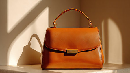 A beautifully crafted brown handbag sits elegantly on a sunlit surface, casting soft shadows and showcasing its luxurious texture in warm tones.の素材