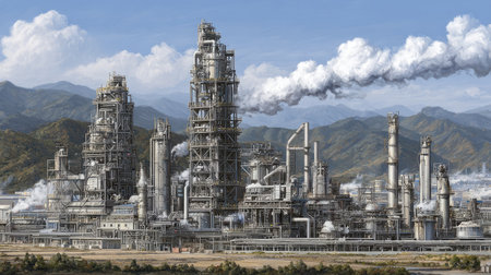 A modern industrial plant is depicted in this image, showcasing towering structures amid a mountainous backdrop with emissions billowing into the clear sky.の素材
