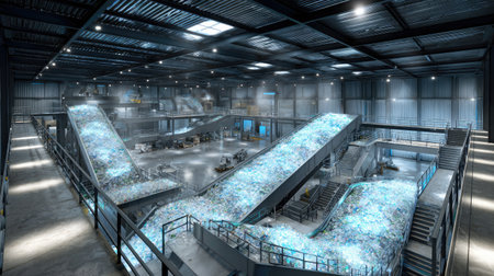A state-of-the-art recycling facility showcasing sophisticated waste processing areas with advanced machinery, emphasizing sustainability and industrial innovation.の素材