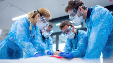 A medical team in full protective gear conducts CPR on a patient in an intensive care unit. The scene captures the urgency and dedication of healthcare professionals in emergency situations.の素材