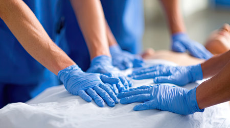 A medical team focuses on performing CPR to save a patientの素材