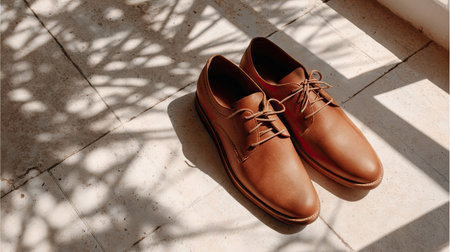 This image showcases a pair of elegant brown leather shoes placed on a sunlit floor. Intricate shadows from nearby plants create a visually appealing composition, highlighting the shoes' stylish design and natural environment.の素材