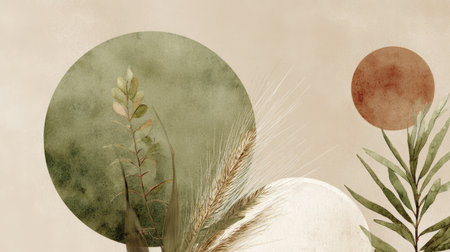 This abstract botanical artwork features organic shapes and earthy tones, creating a serene and calming atmosphere, perfect for modern decor.の素材