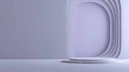 A serene and minimalist stage design featuring soft curves and a subtle lighting effect in light purple tones, perfect for artistic presentations or product displays.の素材