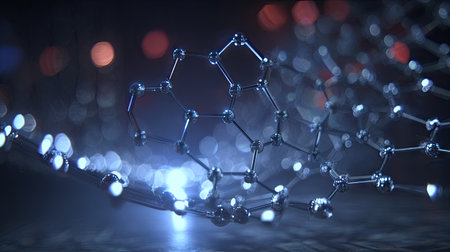 An abstract representation of molecular structure featuring glowing particles and soft bokeh lights, perfect for illustrations in science and technology themes.の素材