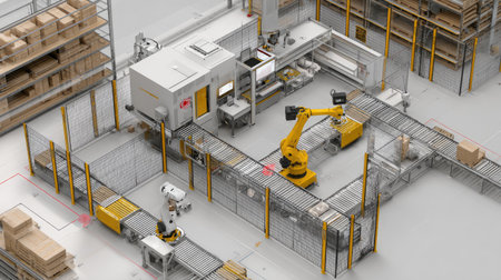 This image showcases a modern warehouse environment featuring advanced automation, with robotic arms and a conveyor system for efficient material handling, highlighting innovation.の素材