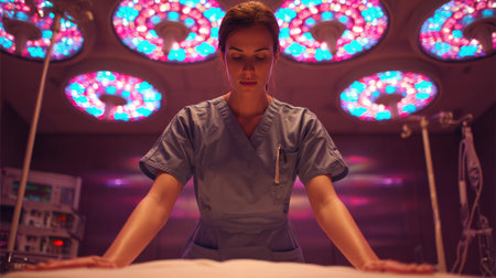 An intense moment in a hospital operating room with a female surgeon focused on her task, surrounded by colorful surgical lights, showcasing dedication and professionalism in healthcare.の素材